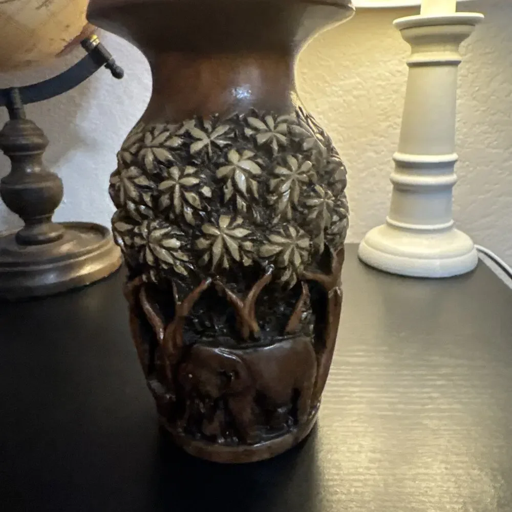 Hand Carved Wood 3D VASE Sculpture India Art Elephant Jungle Palm Tree